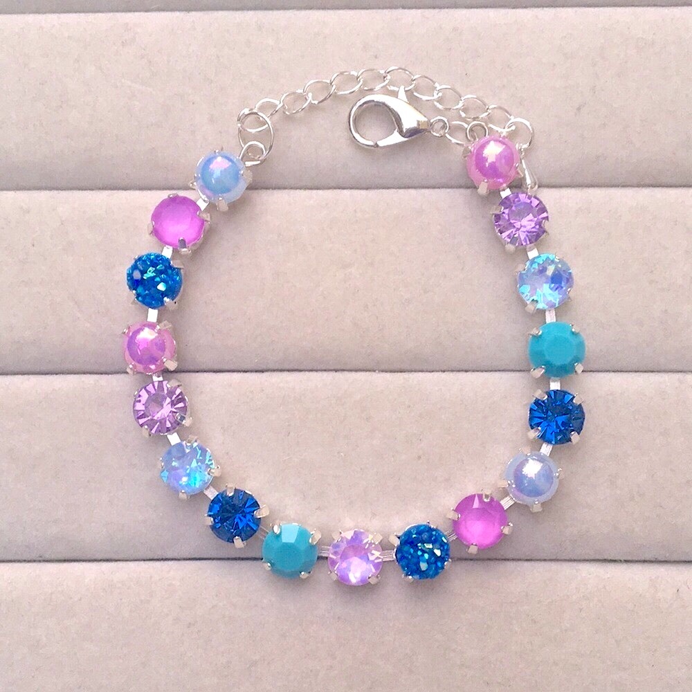 Sapphire, Purple +Periwinkle Opal Aurora Borealis Silver Crystal Tennis Bracelet - Picture 3 of 8